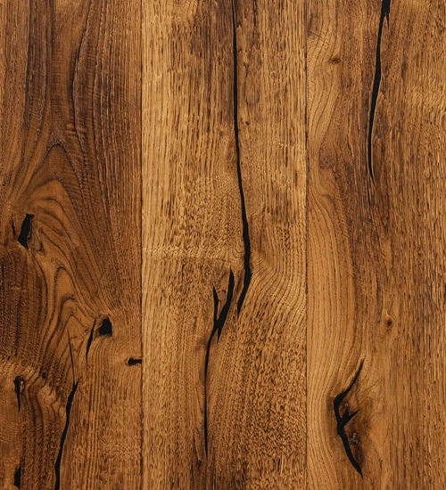 Dřevěná podlaha HONEY GOLD Rustic – výrazný – černý tmel, rašplovaná, opalovaná, kartáčovaná